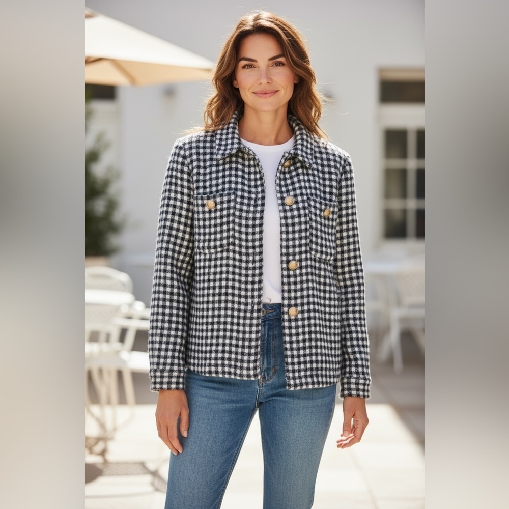 Max Studio Blue & White Checked Fuzzy Jacket with Gold Tone Buttons.  Size Large